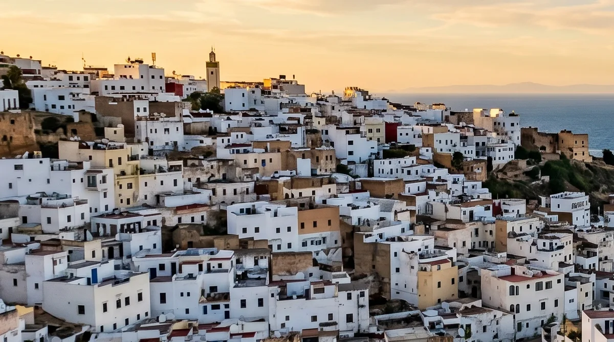 Panoramic view of Tangier’s medina rooftops overlooking the Strait of Gibraltar at golden hour