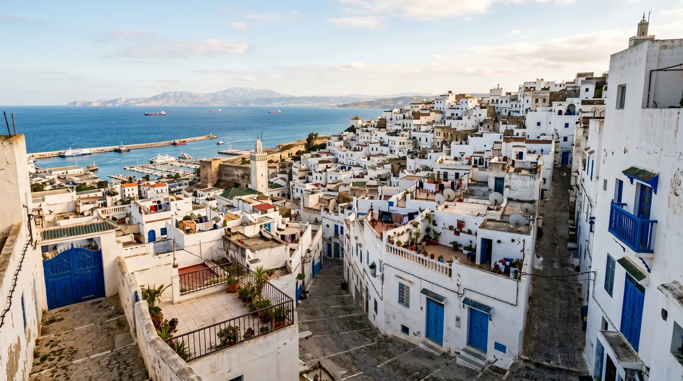 Tangier Kasbah view overlooking Mediterranean sea with white and blue buildings showing best areas to stay in Tangier