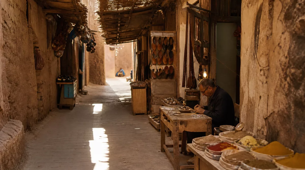 Lively souk street inside Taroudant medina with earthen walls, stalls of silver jewellery and leather goods in shafts of light