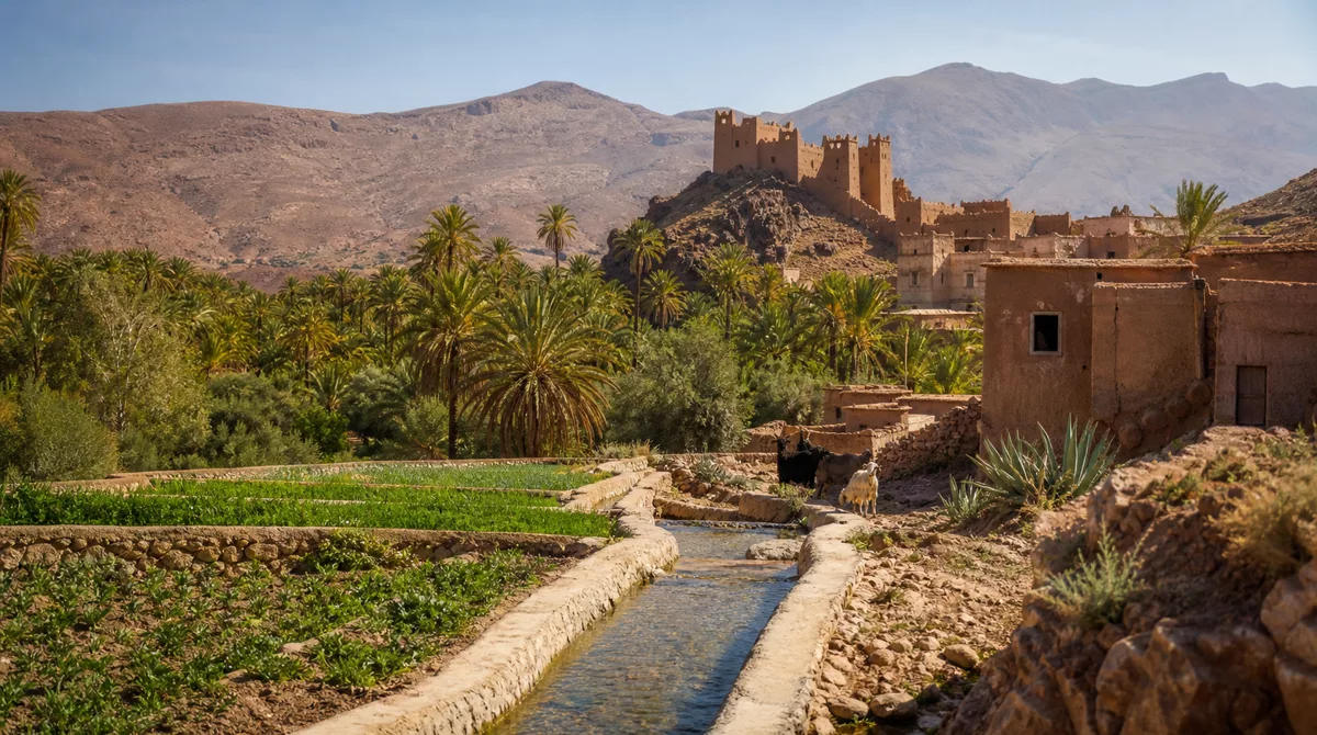 Tiout oasis palm grove at the foot of arid Anti-Atlas mountains with a small earthen kasbah on a rocky hill