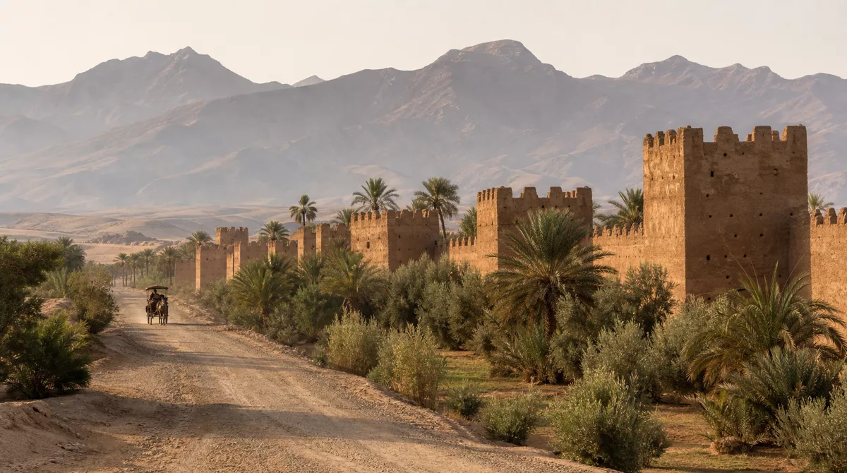 Taroudant Morocco earthen pisé ramparts with crenellated towers, palm trees and the Anti-Atlas mountains in the background