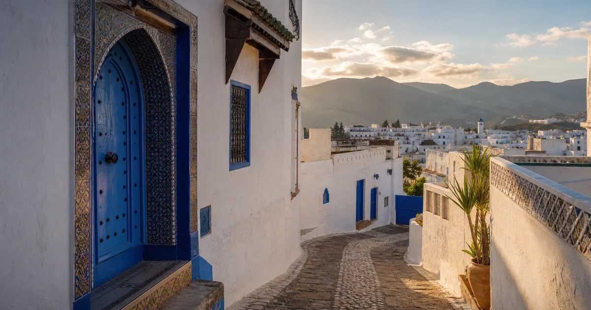 Vue des toits blancs de la médina de Tétouan avec les montagnes du Rif en arrière-plan, en fin d'après-midi