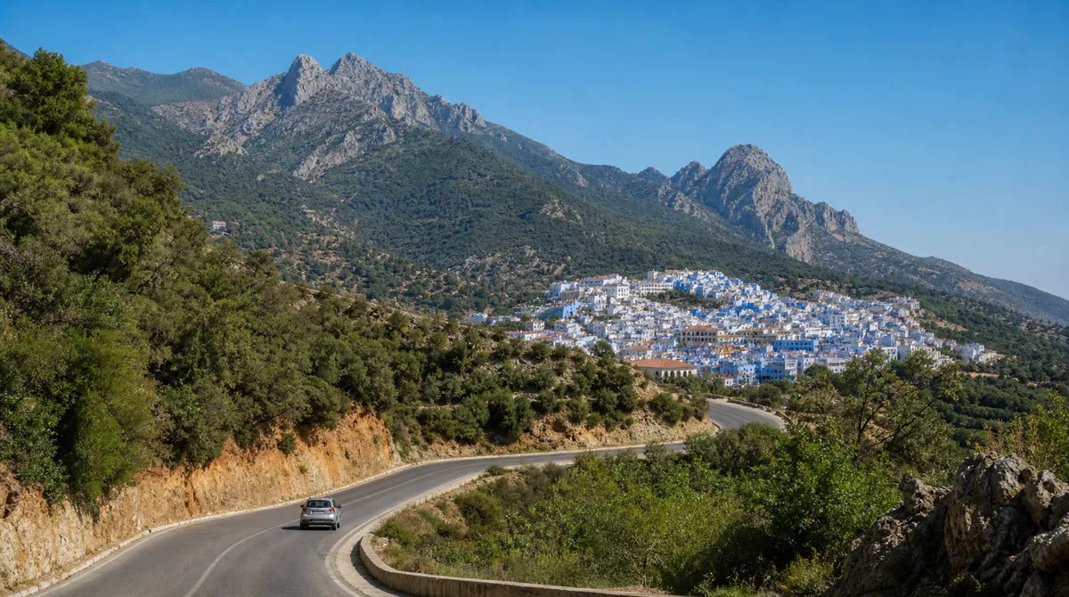 Winding mountain road in the Rif between Tétouan and Chefchaouen with green hills and the blue town in the distance