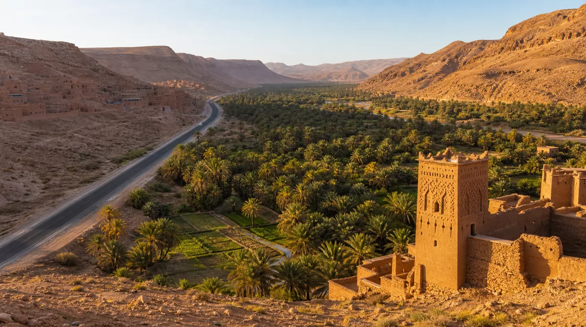 Winding desert road through the Draa valley Morocco with green palm groves along a river and earthen kasbahs on arid hillsides