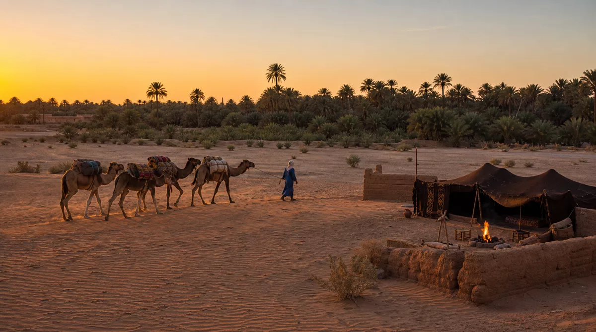Small camel caravan walking on low golden sand ripples at the desert edge near Zagora Morocco with palm trees and a desert camp in the distance