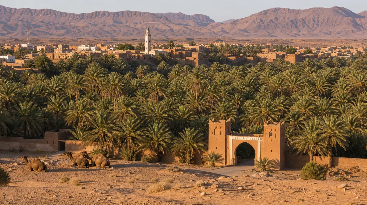 Zagora Morocco desert-edge town with palm grove, desert gate arch and arid mountains in warm light