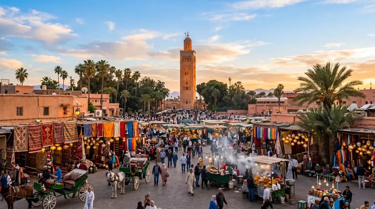 Panoramic view of Marrakech medina rooftops with Koutoubia Mosque minaret at golden hour, traditional riad terrace in foreground with potted plants and lanterns